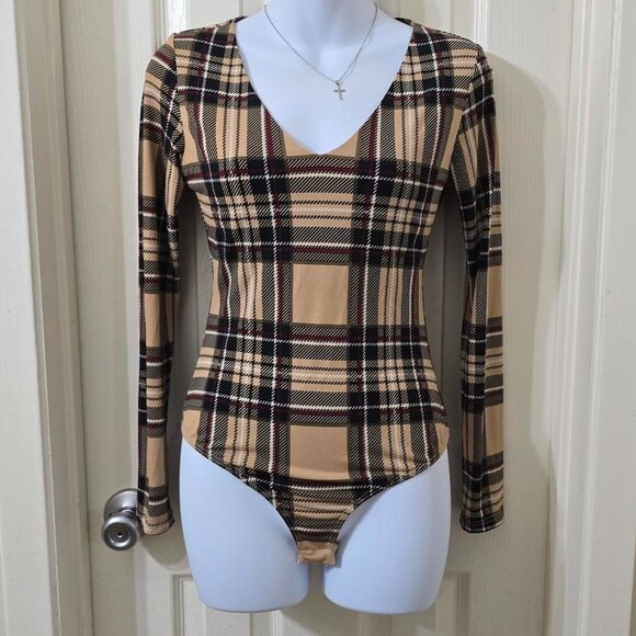 Women's CHOCOLATE Striped Plaid Long Sleeve Beige Bodysuit Size M - Picture 3 of 8